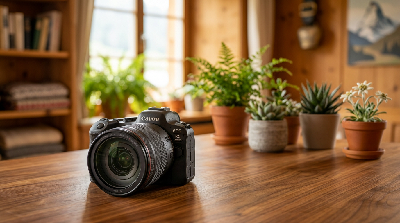 Canon EOS R6 Mark II auf einem Holztisch in einem gemütlichen Schweizer Zuhause